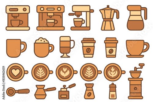 Coffee-making tools and drinks displayed in a simple and clear layout with various types of cups and coffee machines