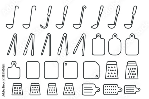 Kitchen utensils and tools arranged in neat rows for cooking and food preparation tasks in a simple design