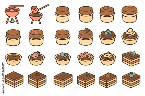 Various types of desserts including cakes, tarts, and puddings displayed in a grid layout on a simple background