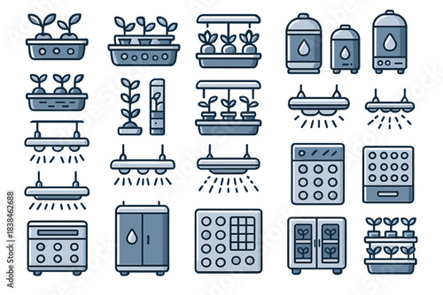 Small indoor garden tools and equipment for plant growth and care in various designs and styles shown in a simple layout