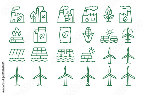 Symbols representing renewable energy sources and sustainability initiatives in various forms and styles for environmental awareness