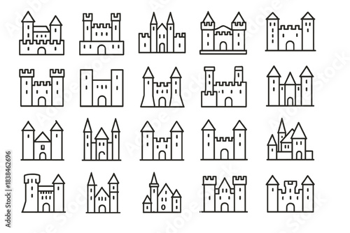 Lines of castles drawn in simple style displaying various shapes and designs showcasing medieval architecture