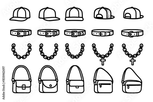 Different types of hats, belts, chains, and bags laid out in a simple design on a white background