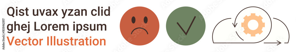 Fototapeta premium Error detection, quality assurance, decision-making, automation, data processing, productivity. Frowning face, checkmark and cloud with gear icon. Error detection and quality assurance concept