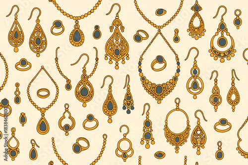 Jewelry display with various designs and styles featuring earrings and rings arranged on a light background