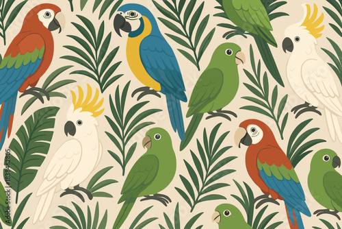 Colorful birds stand among green leaves in a tropical pattern design on a light background