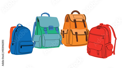 Stylish school backpacks set in trendy flat modern design. Cute vector  education theme collection. Vector illustrations.