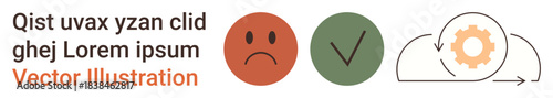 Error detection, quality assurance, decision-making, automation, data processing, productivity. Frowning face, checkmark and cloud with gear icon. Error detection and quality assurance concept