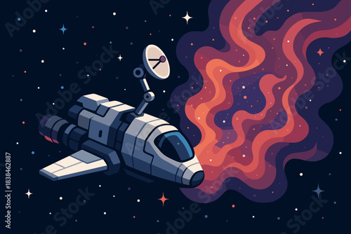 Spaceship travels through deep space with colorful gas clouds and distant stars