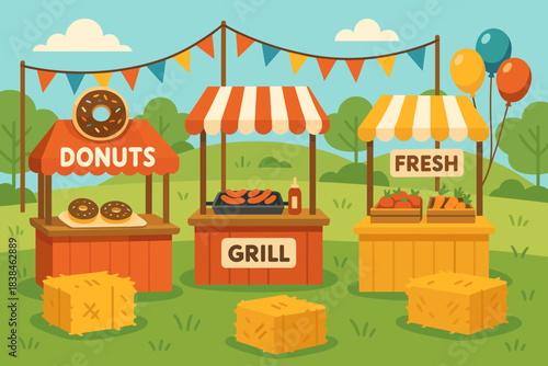 Food stalls are set up at a community event with a grill, donuts, and fresh produce, surrounded by a grassy area and balloons