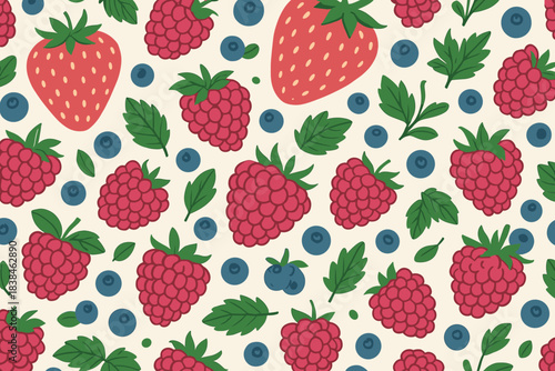 Bright berries on a light background with strawberries, raspberries, and blueberries arranged in a pattern