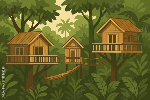 Tree houses in a jungle setting with walkways connecting them during daylight hours