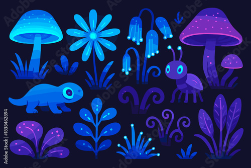 Colorful plants and creatures in a dark background depicting a vibrant nocturnal scene in a fantasy world