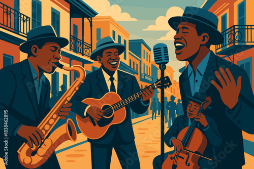 Musicians perform in a lively street with crowds enjoying the music in a vibrant town