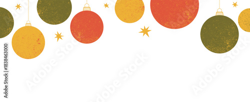 Minimalist Christmas vector background with retro-style hanging ornaments and stars. Festive holiday banner template with textured round baubles in red, green, and yellow on a white background.