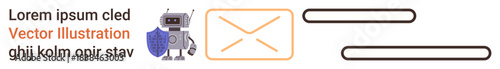 Cybersecurity, email protection, online communication, digital identity, data safety, secure messaging. ion of a robot holding a shield, an email icon and text fields. Cybersecurity and email