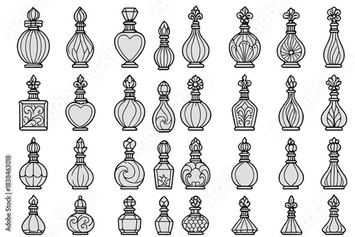 Collection of various shaped perfume bottles in black and white style arranged in four rows with different designs and details