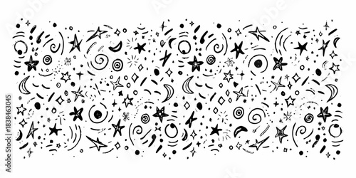 Whimsical hand drawn doodles of stars moons and celestial elements
