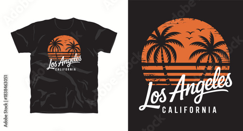 Los angeles california t-shirt design with palm trees and sunset graphic for apparel and merchandise