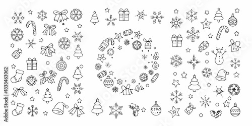 Festive christmas doodles forming the letters joy in a black and white design