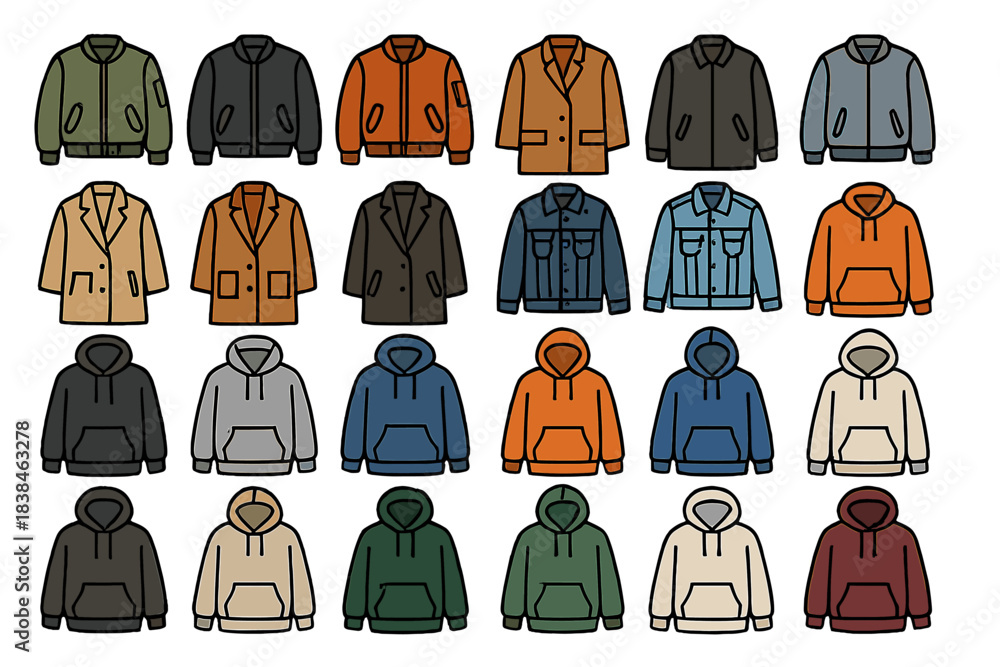 Fototapeta premium Different styles of jackets and hoodies on a white background showcasing various colors and designs for casual wear