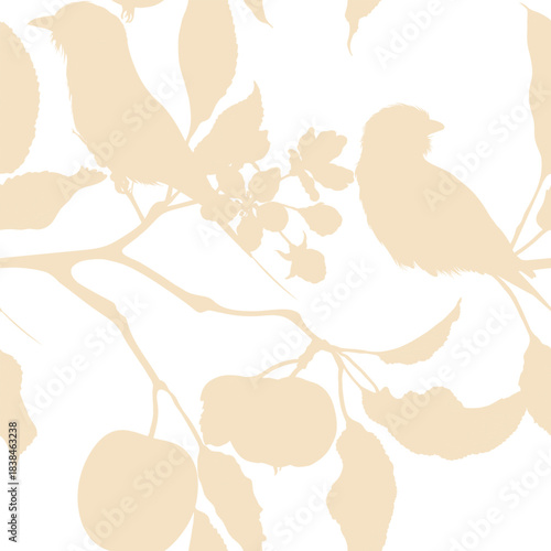 Line apple branch with birds on it. Blooming branch of sakura apple tree seamless pattern. Beautiful silhouette.