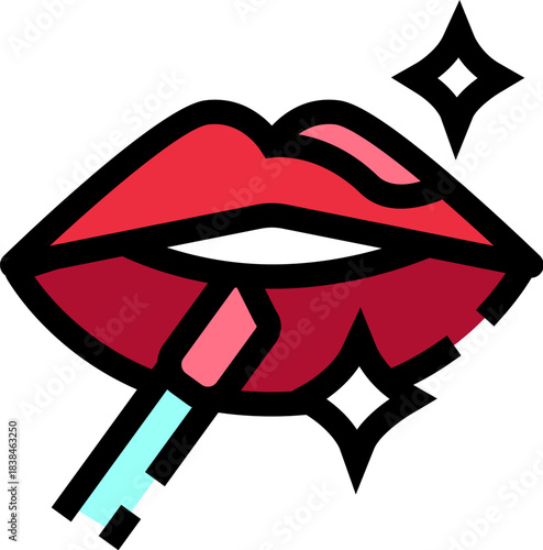 Applying lip gloss creating shiny red lips makeup