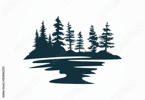 Pine trees, forest and Lake vector silhouette illustration, graphics