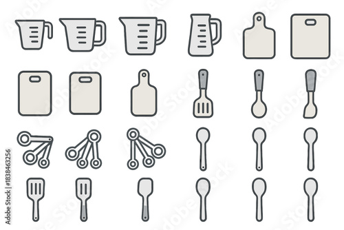 Kitchen tools and utensils arranged in a neat layout over a simple background for cooking tasks and food preparation