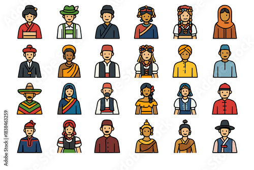 Diverse group of people in traditional clothing from various cultures and regions participating in a cultural event