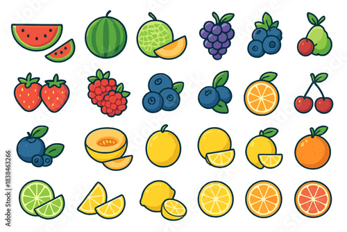 Colourful and fun fruit illustrations showing different types of fruits arranged on a white background for educational or design use