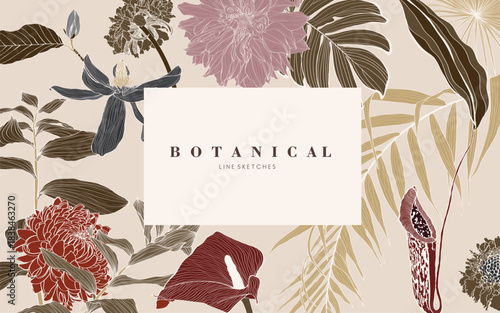 Tropical flowers in bloom. Engraved background. Wedding background card floral decorative border. Thank you, rsvp, invitation elegant card illustration graphic set banner.