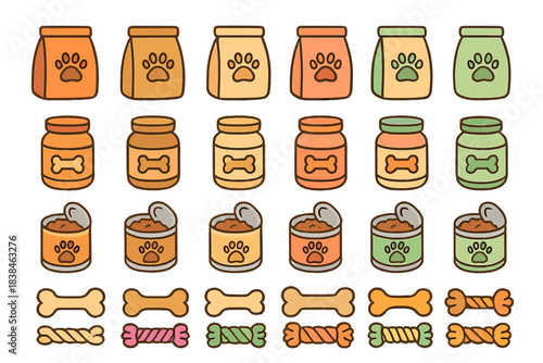 Assorted pet food items including dry food, wet food, and treats on a plain background