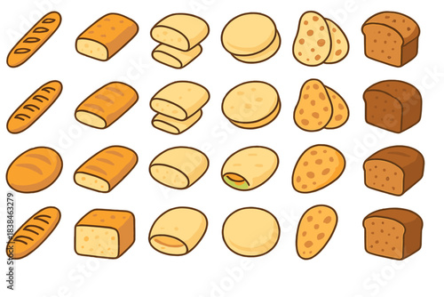 Different types of bread displayed on a white background with various shapes and sizes