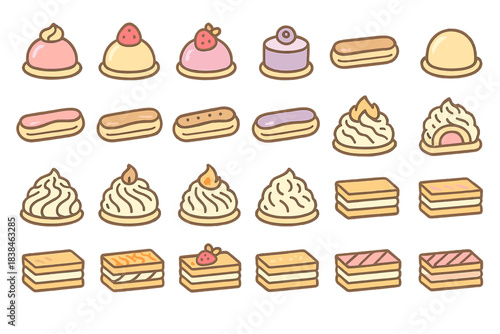 Different types of desserts arranged in a sweet display with various shapes and colors
