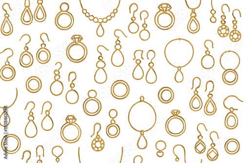 Collection of various gold jewelry pieces shown on a white background, featuring different earring styles and designs in one layout