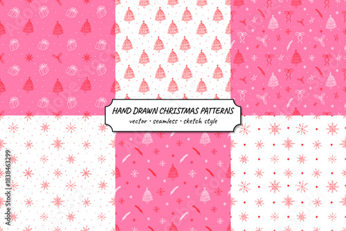 Seamless Editable Vector Pattern Set in Hand-Drawn Kids Sketch Style. Christmas and New Year Designs with Trees, Snowflakes, Gifts, Festive Elements and Cute Winter Holiday Decorations