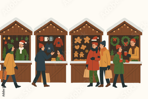 Shoppers explore winter market with booths selling festive goods and treats during the holiday season in a lively setting