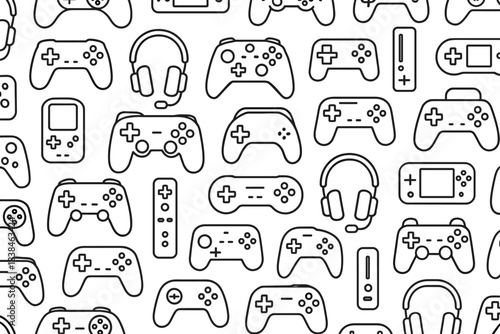 Gaming controllers and accessories in a repeating pattern on a white background for gaming enthusiasts and designers