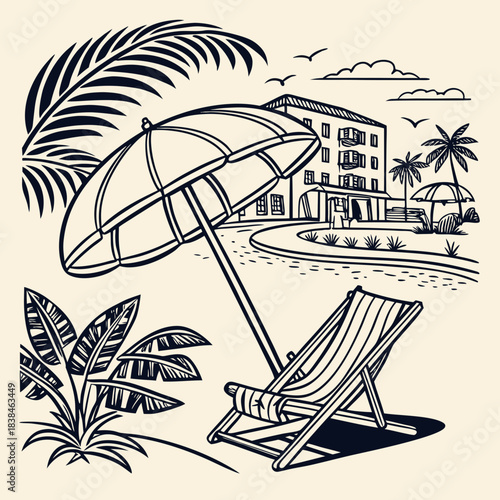 Hand drawn beach shears with umbrella. Doodle vector vintage sunbed illustration. Pool, hotel resort, lounge outdoor furniture. Sun shadow seat with parasol. Sea vacation design element