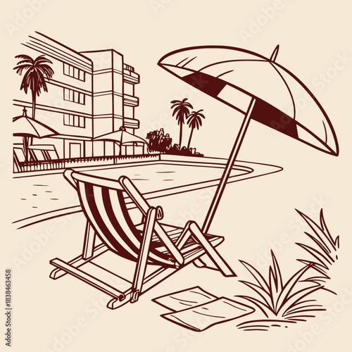 Hand drawn beach shears with umbrella. Doodle vector vintage sunbed illustration. Pool, hotel resort, lounge outdoor furniture. Sun shadow seat with parasol. Sea vacation design element