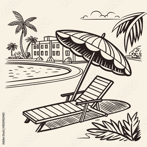 Hand drawn beach shears with umbrella. Doodle vector vintage sunbed illustration. Pool, hotel resort, lounge outdoor furniture. Sun shadow seat with parasol. Sea vacation design element