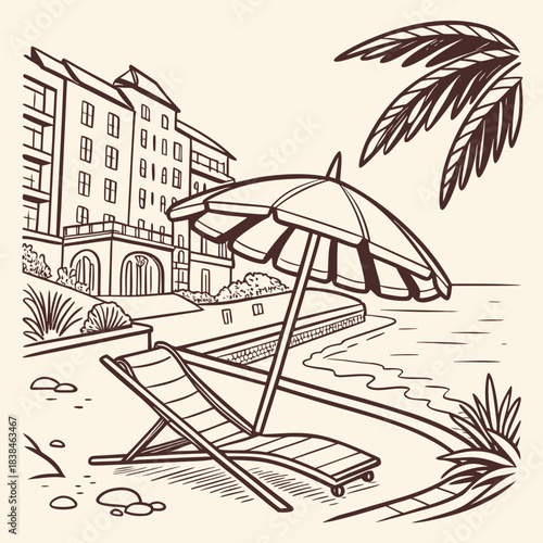 Hand drawn beach shears with umbrella. Doodle vector vintage sunbed illustration. Pool, hotel resort, lounge outdoor furniture. Sun shadow seat with parasol. Sea vacation design element