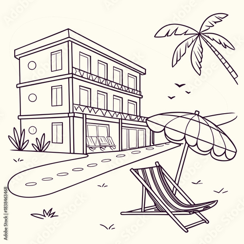 Hand drawn beach shears with umbrella. Doodle vector vintage sunbed illustration. Pool, hotel resort, lounge outdoor furniture. Sun shadow seat with parasol. Sea vacation design element