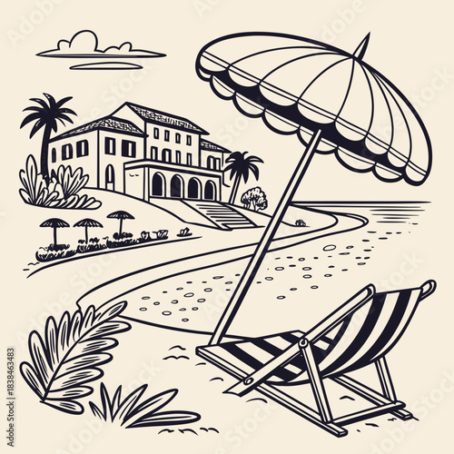 Hand drawn beach shears with umbrella. Doodle vector vintage sunbed illustration. Pool, hotel resort, lounge outdoor furniture. Sun shadow seat with parasol. Sea vacation design element