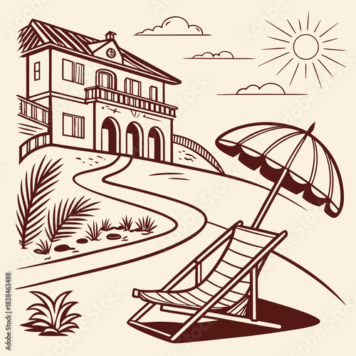 Hand drawn beach shears with umbrella. Doodle vector vintage sunbed illustration. Pool, hotel resort, lounge outdoor furniture. Sun shadow seat with parasol. Sea vacation design element