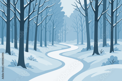 Snow-covered path winding through trees in winter forest landscape