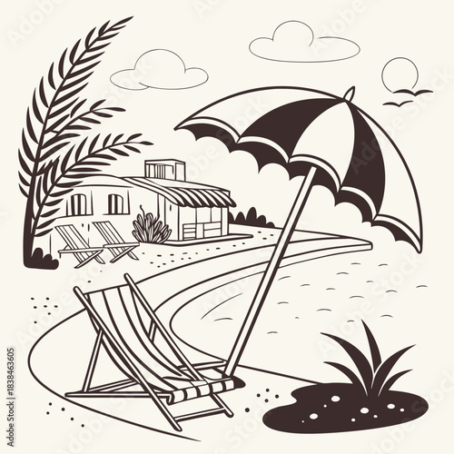 Hand drawn beach shears with umbrella. Doodle vector vintage sunbed illustration. Pool, hotel resort, lounge outdoor furniture. Sun shadow seat with parasol. Sea vacation design element