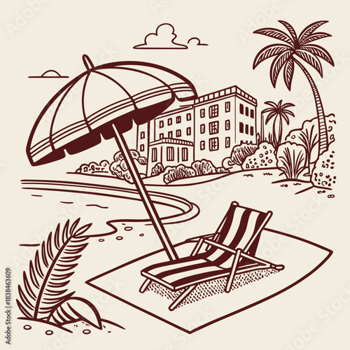 Hand drawn beach shears with umbrella. Doodle vector vintage sunbed illustration. Pool, hotel resort, lounge outdoor furniture. Sun shadow seat with parasol. Sea vacation design element