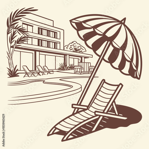 Hand drawn beach shears with umbrella. Doodle vector vintage sunbed illustration. Pool, hotel resort, lounge outdoor furniture. Sun shadow seat with parasol. Sea vacation design element